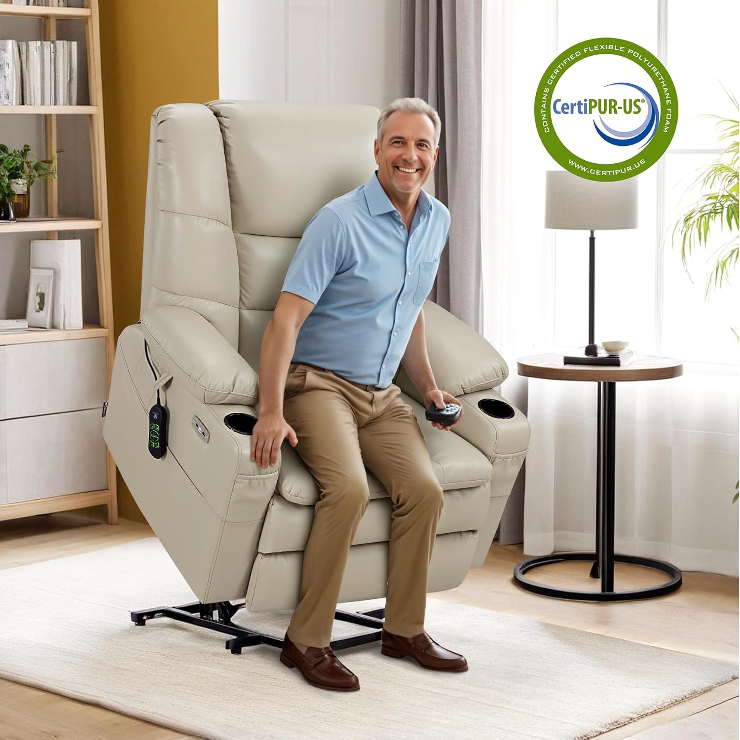 MCombo Oversized Triple Motor Power Lift Recliner with Adjustable Headrest for Big Tall Elderly, Faux Leather(Beige, Large-Wide)