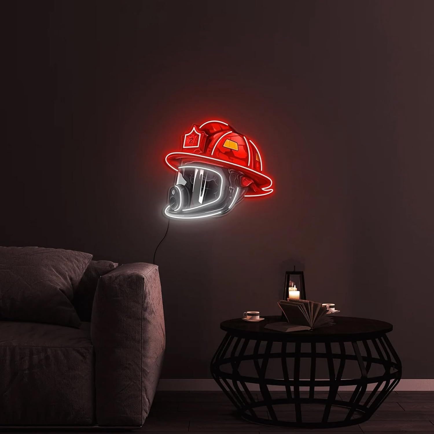 Firefighter Helmet Neon Sign, Neon Signs for Wall Decor, Firefighter Helmet LED Light, USB Powered Neon Light for Home and Fire Station Decor, Firefighter Gifts for Man Husband Boy Kids Firemen