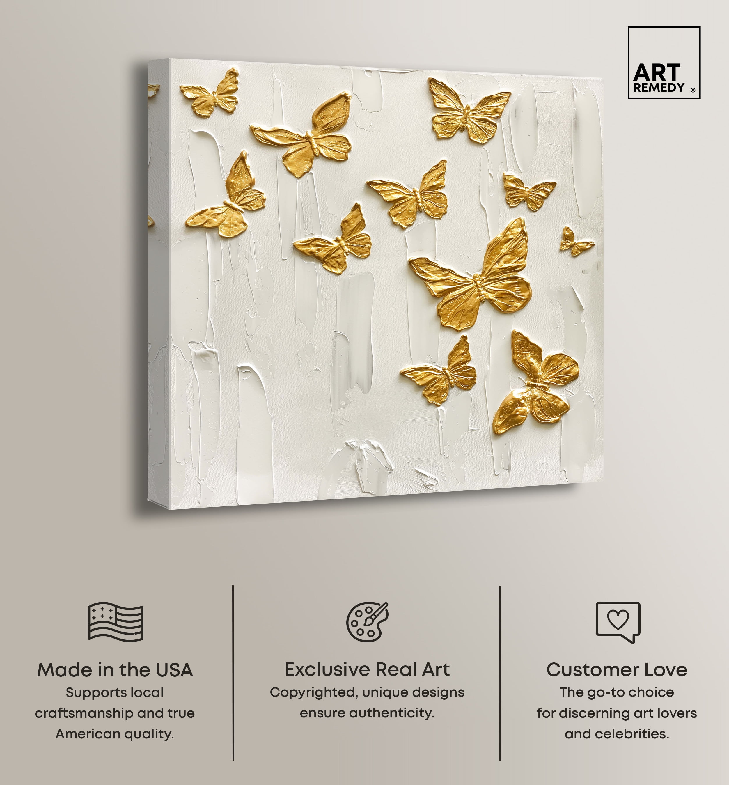 Mariposas A Volar Canvas Elegant White Gold Wall Art by Art Remedy, Gallery Wrapped, 24" x 24"