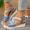 thumbnail image 3 of Rokment Women's Platform Wedge Sandals Beach Stylish Casual Leather Elastic Ankle Strap Espadrilles Chunky Heeled Slingback Dressy Summer Shoes Comfortable Blue Size 9, 3 of 5