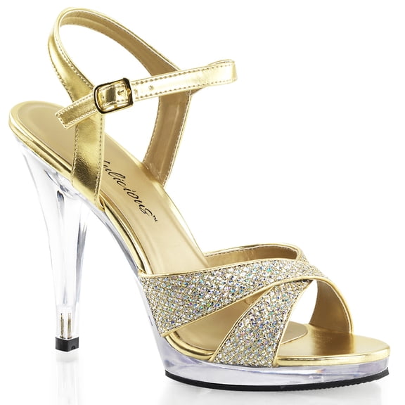 4 1/2" Heel, 1/2" PF Criss Cross Ankle Strap Sandal - Gold Multi Glitter/Clr, 16