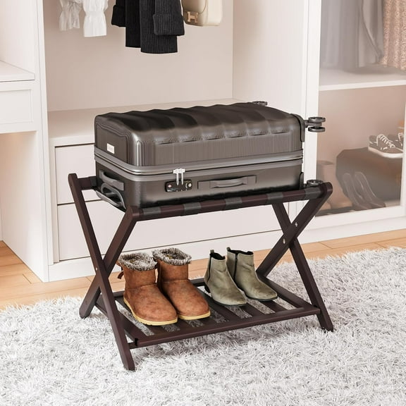 Fully Assembled Bamboo Luggage Rack, Folding Suitcase Stand with 5 Nylon Straps, Luggage Holders with Shelf, Ideal for Guest Room, Bedroom, Hotel, Espresso