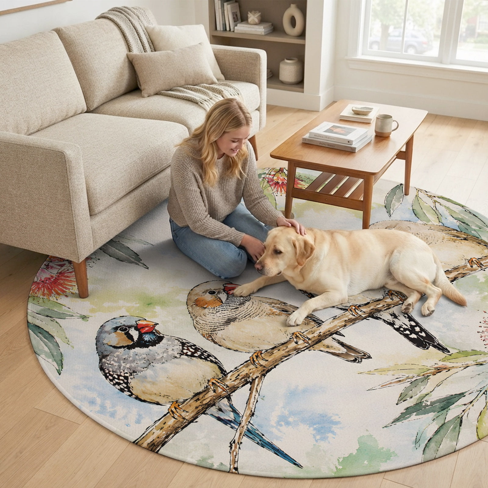 Spring Birds 7FT Round Area Rugs for Living Room Country Rustic Vintage Pastoral Red Flowers Tree Leaf Ultra-Thin Non-Slip Round Rugs Washable Low Pile Circle Carpet for Bedroom Kitchen Nursery