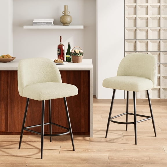 Senfot Bar Stools Set of 2, 26" Beige Faux Sherpa Upholstered Barstools with Back Arc Metal Footrest, Thickened Metal Legs for Kitchen Island Home Bar Dining Area