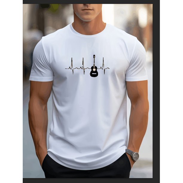 Men's Crew Neck T-shirt, Electric And Heartbeat Pattern Summer Top For Casual And Street Wear