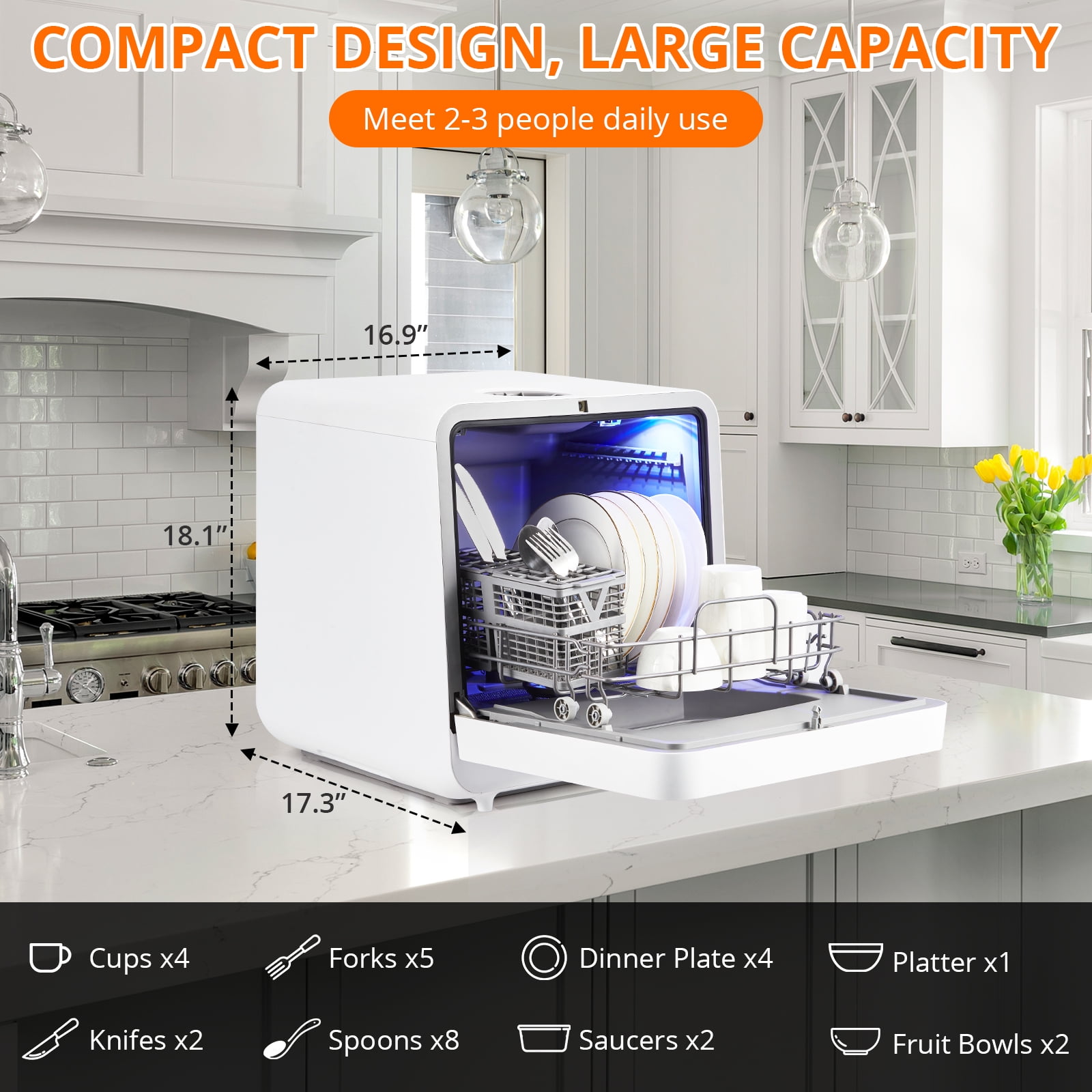 Portable Countertop Dishwasher with 5L Built-in Tank & Faucet Kit, No Installation Needed, 6 Wash Programs, 162°F High-Temp Sanitizing, Saves 80% Water, for Apartments, RV, Small Kitchen