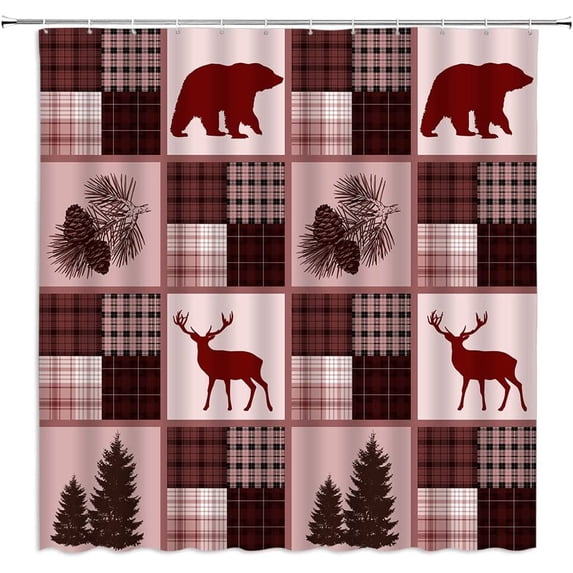 Rustic Bear Shower Curtain Buffalo Check Patchwork Cabin Camping Wildlife Bear Deer Moose Pine Tree Pinecone Farmhouse Vintage Hunting Red Fabric Home Bathroom Decor Set with Hooks(36" WX70 H)