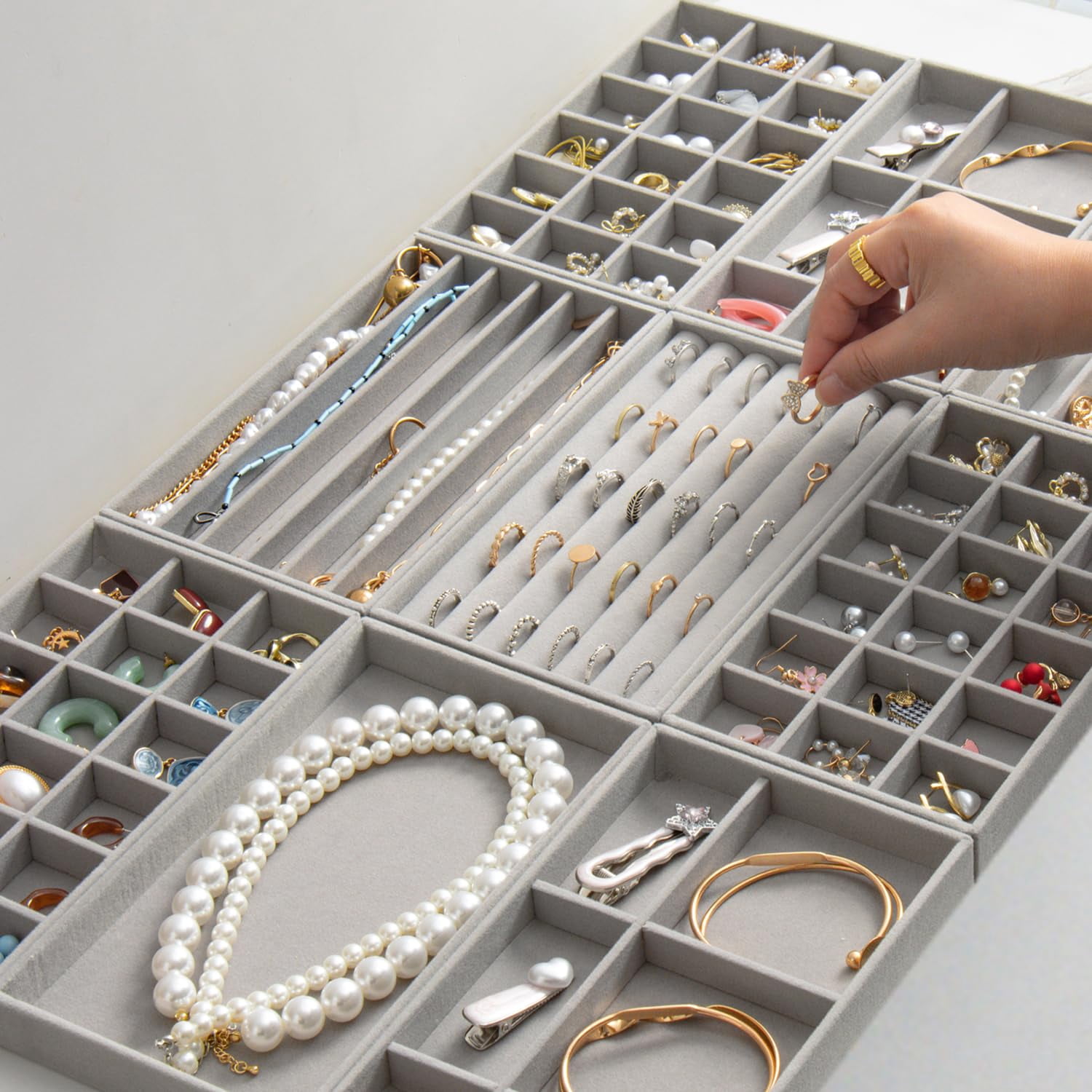 Jewelry Organizer Drawer Organizer, Stackable Velvet Jewelry Tray for Earrings, Jewelry Organizers and Storage for Women, Jewelry Storage Display Case for Rings and Necklaces