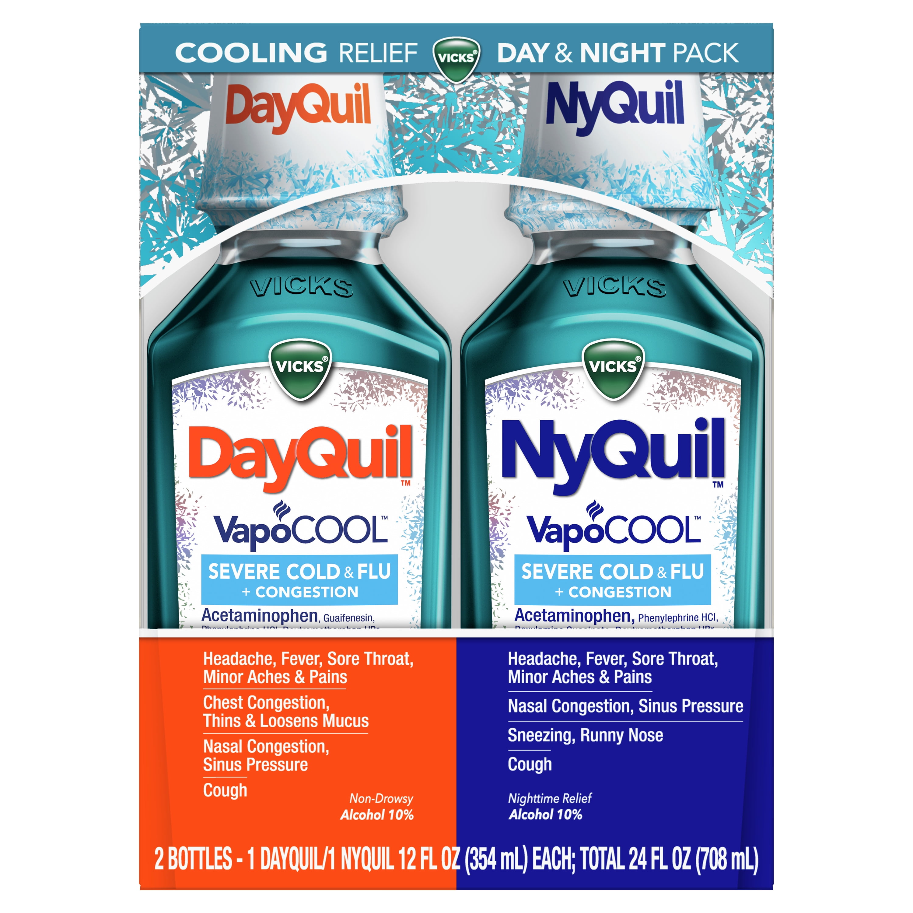 Vicks Dayquil & Nyquil Vapocool Liquid Cold & Flu Medicine, Over-the-Counter Medicine, 2x12 Oz