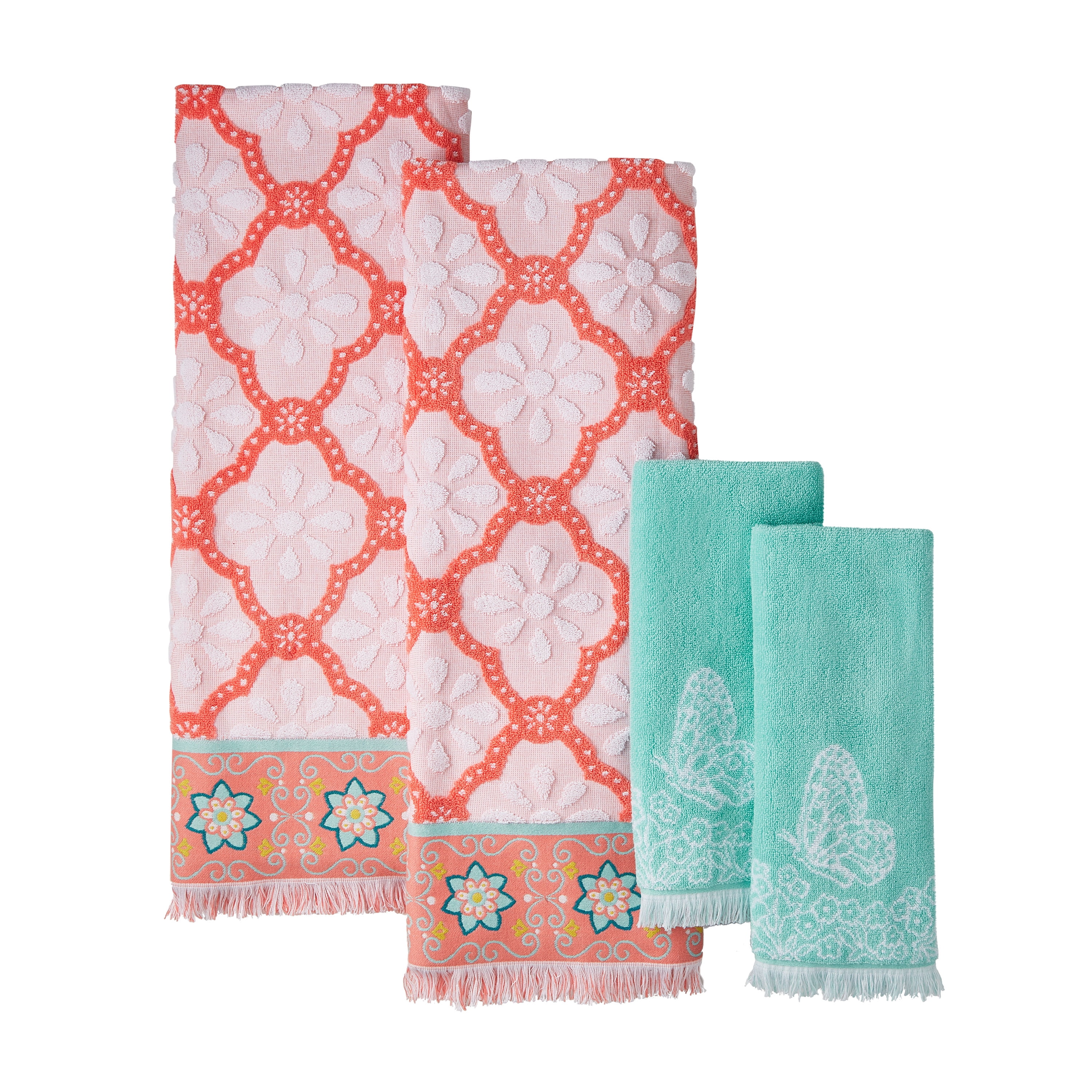 The Pioneer Woman 4 Piece Cotton Bath Towel Set, Coral Bell Orange