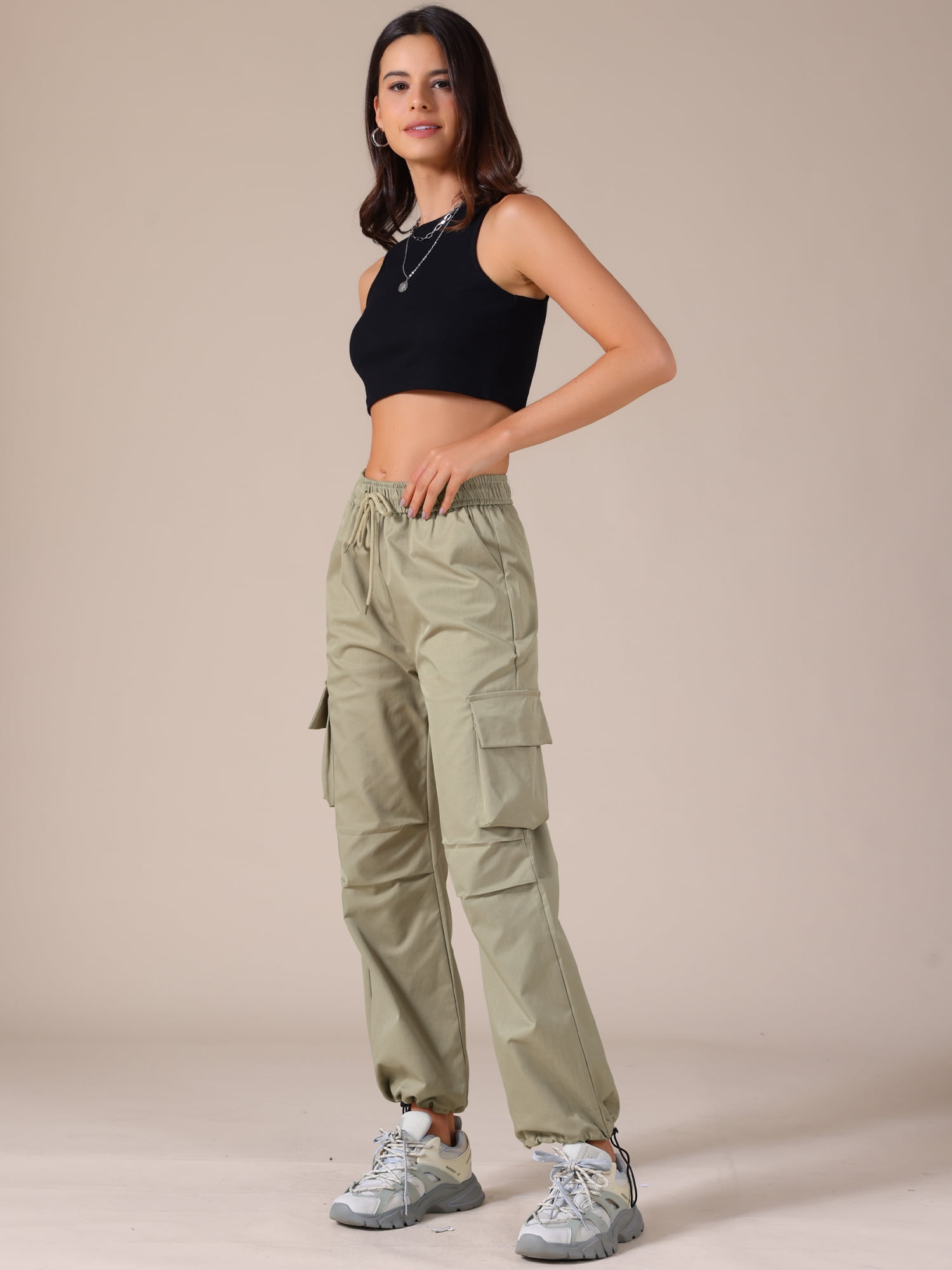 DARING DIVA Women's Cargo Joggers Streetwear Pockets Casual Pants X-Small Grey Khaki