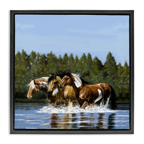 Stupell Industries Horses Upstream Splashing Animals & Insects Painting Black Floater Framed Canvas Art Print Wall Art, 18 x 18