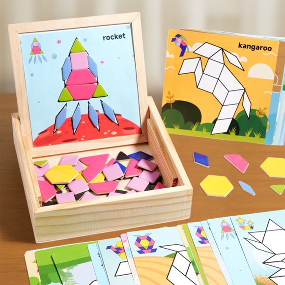 RKSTN Christmas Wooden Geometric Puzzle Magnetic Puzzle Tangram Geometric Solid Building Blocks Focus Training Intelligence Toy Christmas Gifts