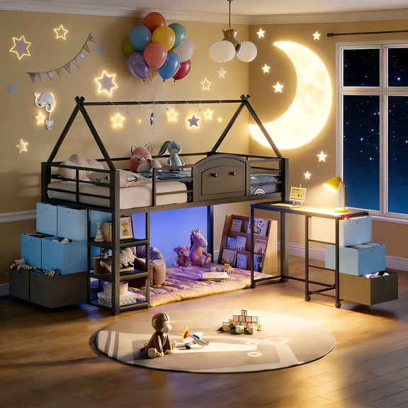 Low Twin Loft Bed with Movable Desk & 9 Storage Drawers LED Lighting Canopy House Bed with Storage Shelves Stairs, Blue Space Saving