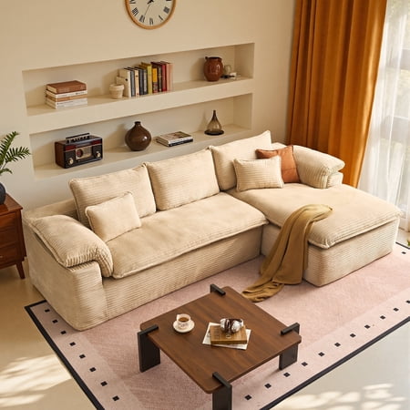 XIZZI 112" Modern Sectional Sofa with Curved Armrests - Plush Corduroy Upholstery, No-Assembly Needed, for Living Room and Bedroom, Right Chaise, Beige
