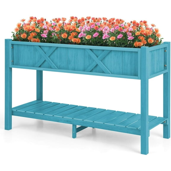 PetFurnishn HIPS Raised Garden Bed, Elevated Planter Box w/Legs, Storage Shelf, Drainage Holes, Weather-Proof Standing Raised Beds for Backyard Porch Balcony Flower Herb (Blue, 44" x 18" x 29")