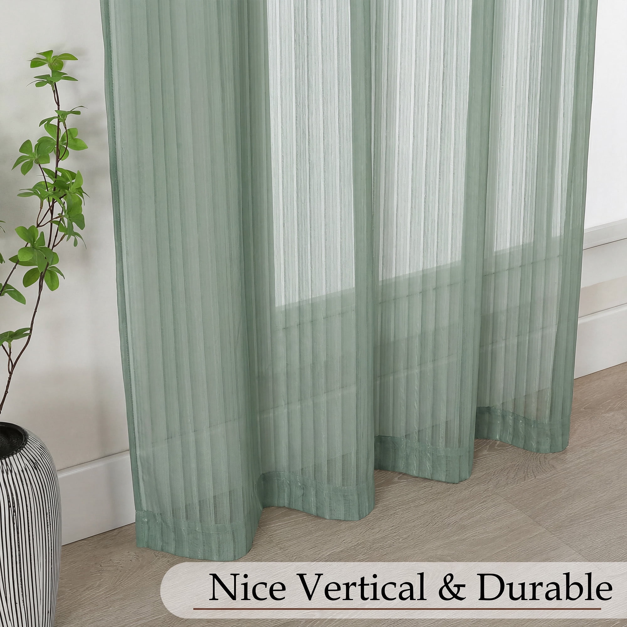 OVZME Luna 108" Sage Green Striped Sheer Curtains 2 Panels - Extra Long Floor Length Drapes for High Ceilings Living Room Patio Doors, Light Filtering Modern Textured, 52"W x 108"L Each