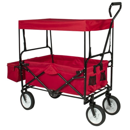 - Best Choice Products Folding Utility Cargo Wagon Cart for Beach, Camping, Groceries w/ Removable Canopy, Cup Holders - Red