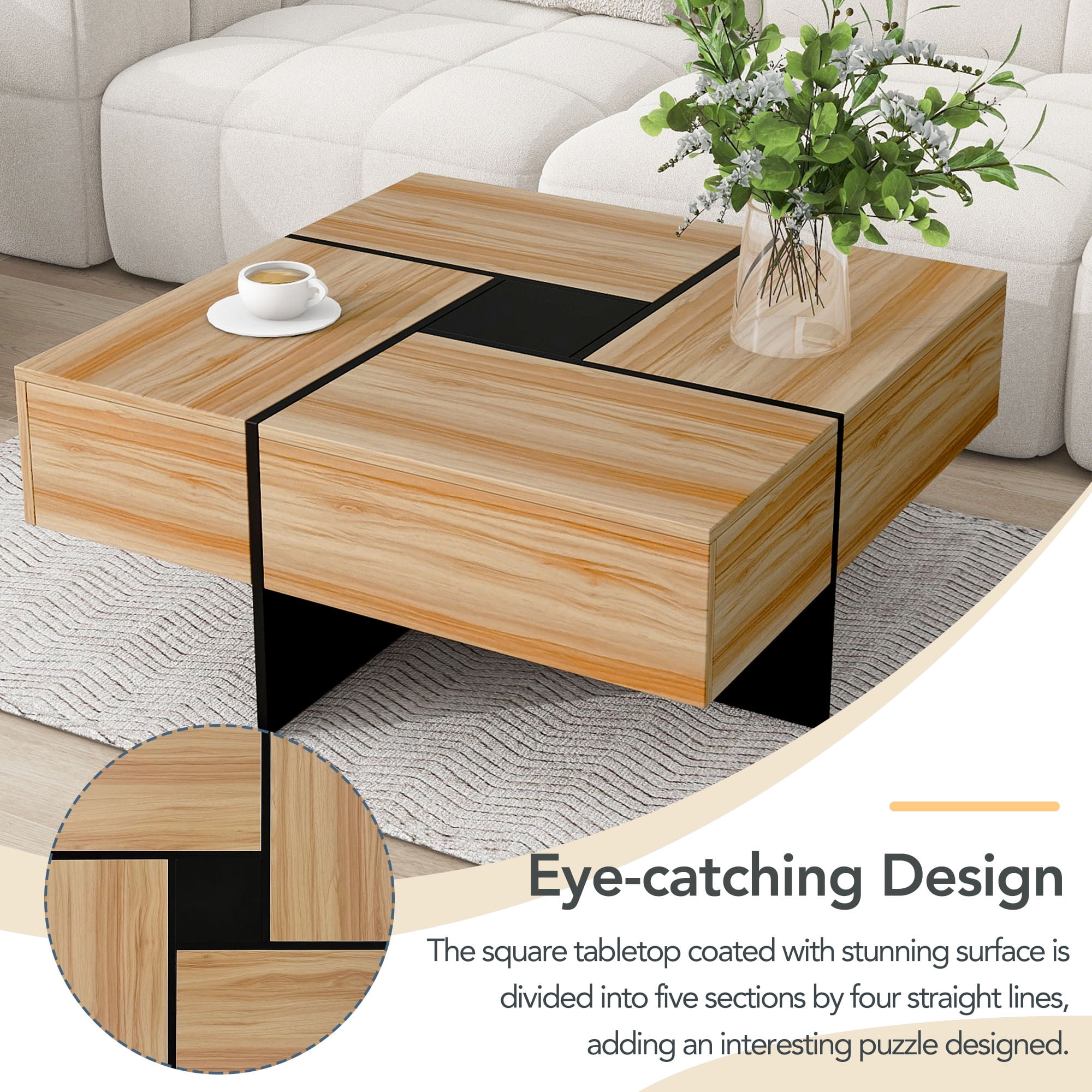 MAYEERTY Unique Design Coffee Table with 4 Hidden Storage Compartments, Square Cocktail Table with Extendable Sliding Tabletop, UV High-Gloss Center Table for Living Room, 31.5"x 31.5",Brown