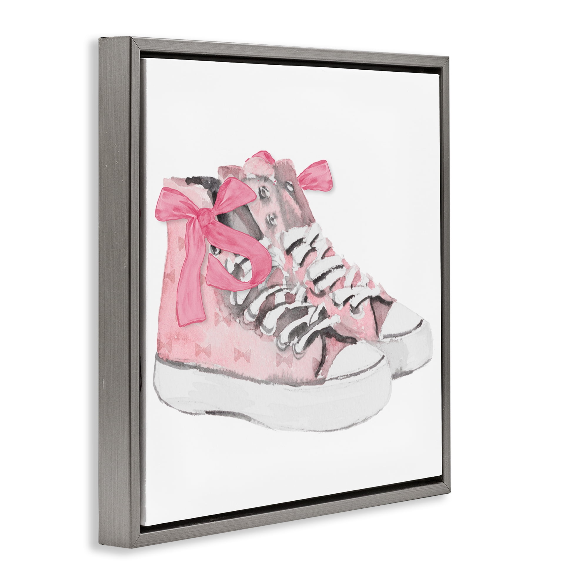 Stupell Industries Simple Pink Bow Sneakers Fashion Painting Gray Floater Framed Canvas Art Print Wall Art, 18 x 18