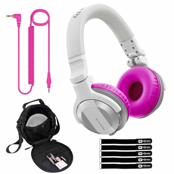 Pioneer DJ HDJ-CUE1BT White Wireless Bluetooth Headphones with Pink Ear Pad Accessories Package