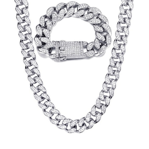 Male Cuban Chain Necklace Bracelet Set Zircon Pave Men Teen Jewelry 19MM 24inch