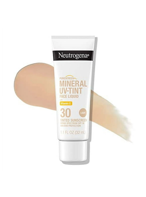 Neutrogena Purescreen+ Tinted Sunscreen for Face with SPF 30, Broad Spectrum Mineral Sunscreen with Zinc Oxide and Vitamin E, Water Resistant, Fragrance Free, Light, 1.1 fl oz