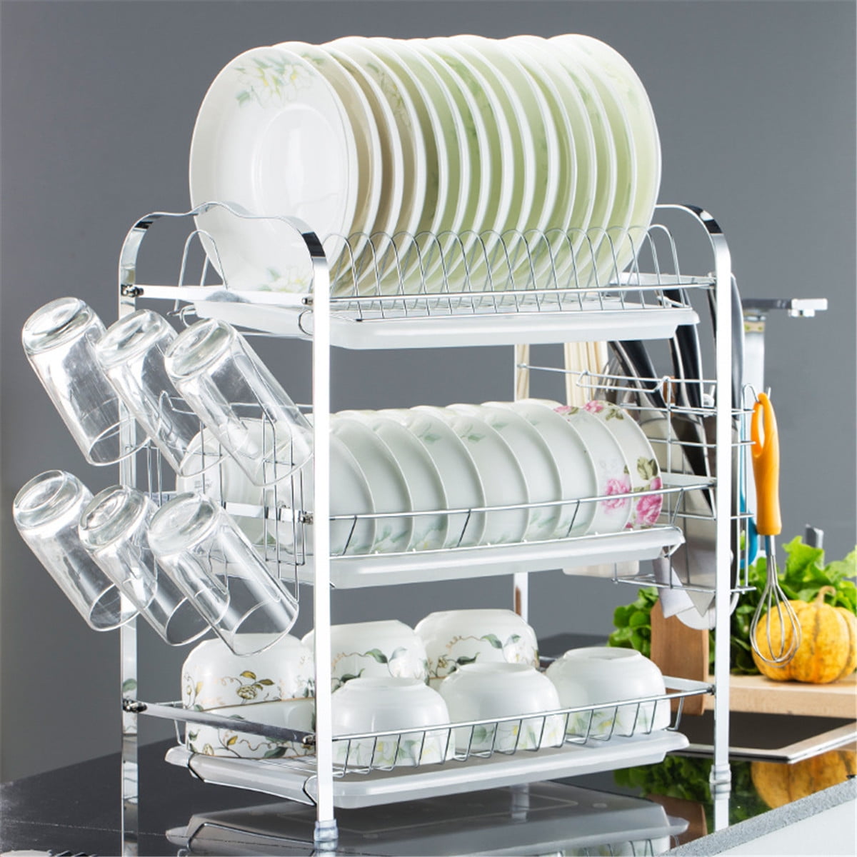 Wall Mounted Dish Drainer, Hanging Kitchen Dish Drying Rack, Modern Design  Large Capacity 2 Tier Dish Rack Made of Durable Stainless Steel with