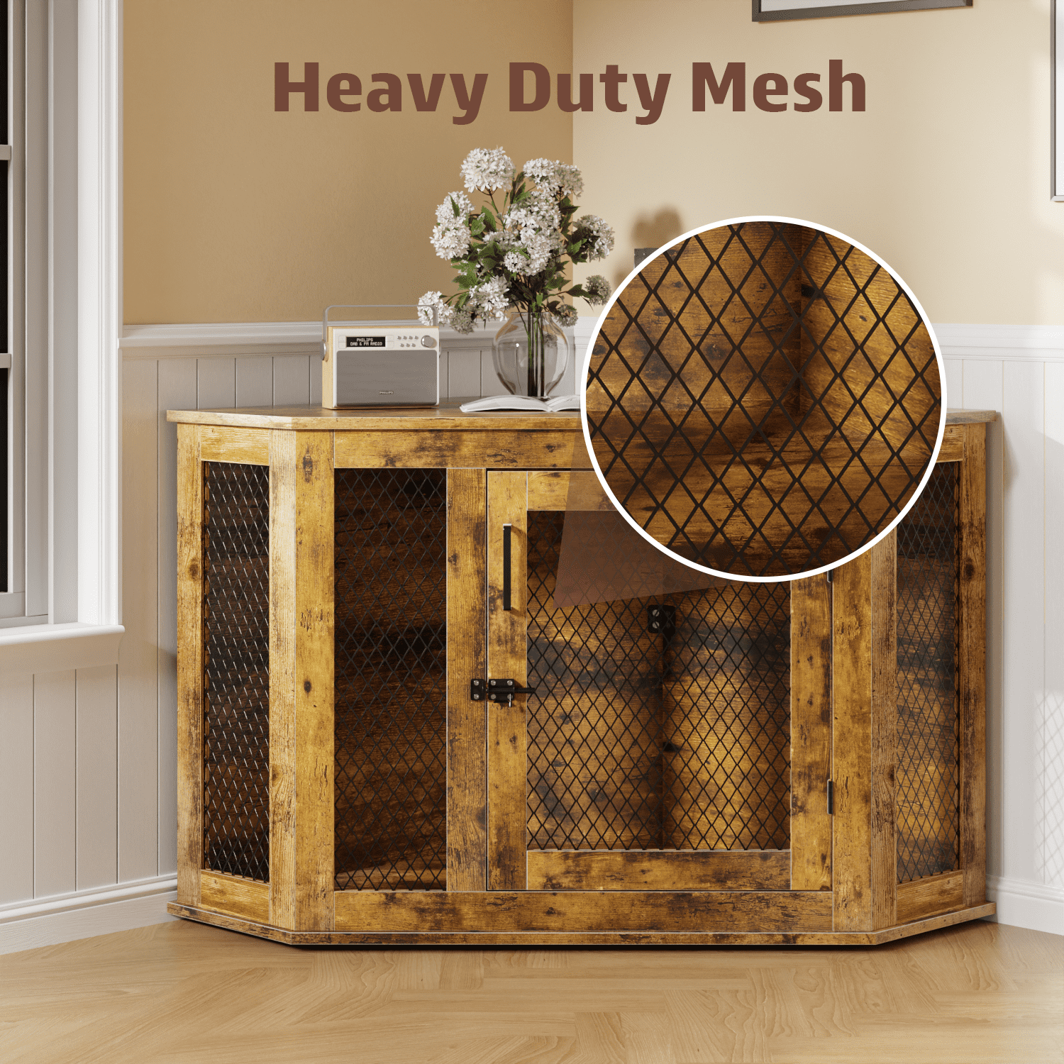 Bossin 52"Corner Dog Crate Furniture，Wooden Dog Kennel Indoor Furniture，Decorative Dog Crate, Dog Kennel TV Stand End Table for Small to Large Dogs