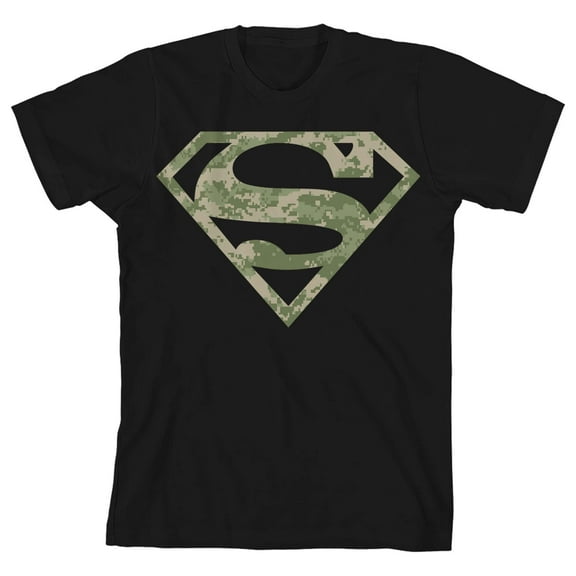 Superman Camo Logo Boy's Black T-shirt-XS