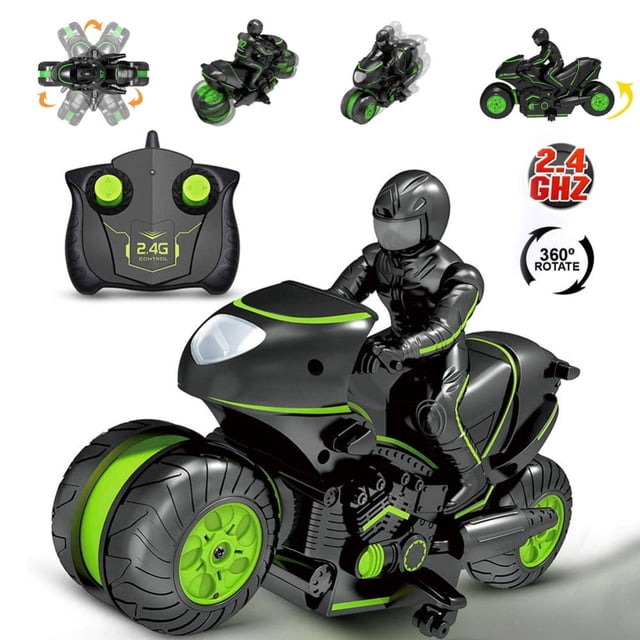 Motos Télécommandées Jouet Roues d'Action 360 Degrés Moto Cascade Rotative Jouets de Course pour Enfants (Vert)