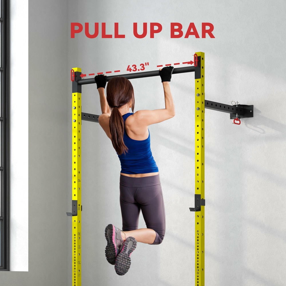 Barara King Adjustable Multi-Functional Racks with Pull Up Bar, Wall Mounted and Adjustable, Barbell Racks with 1000 Pounds Capacity, Yellow