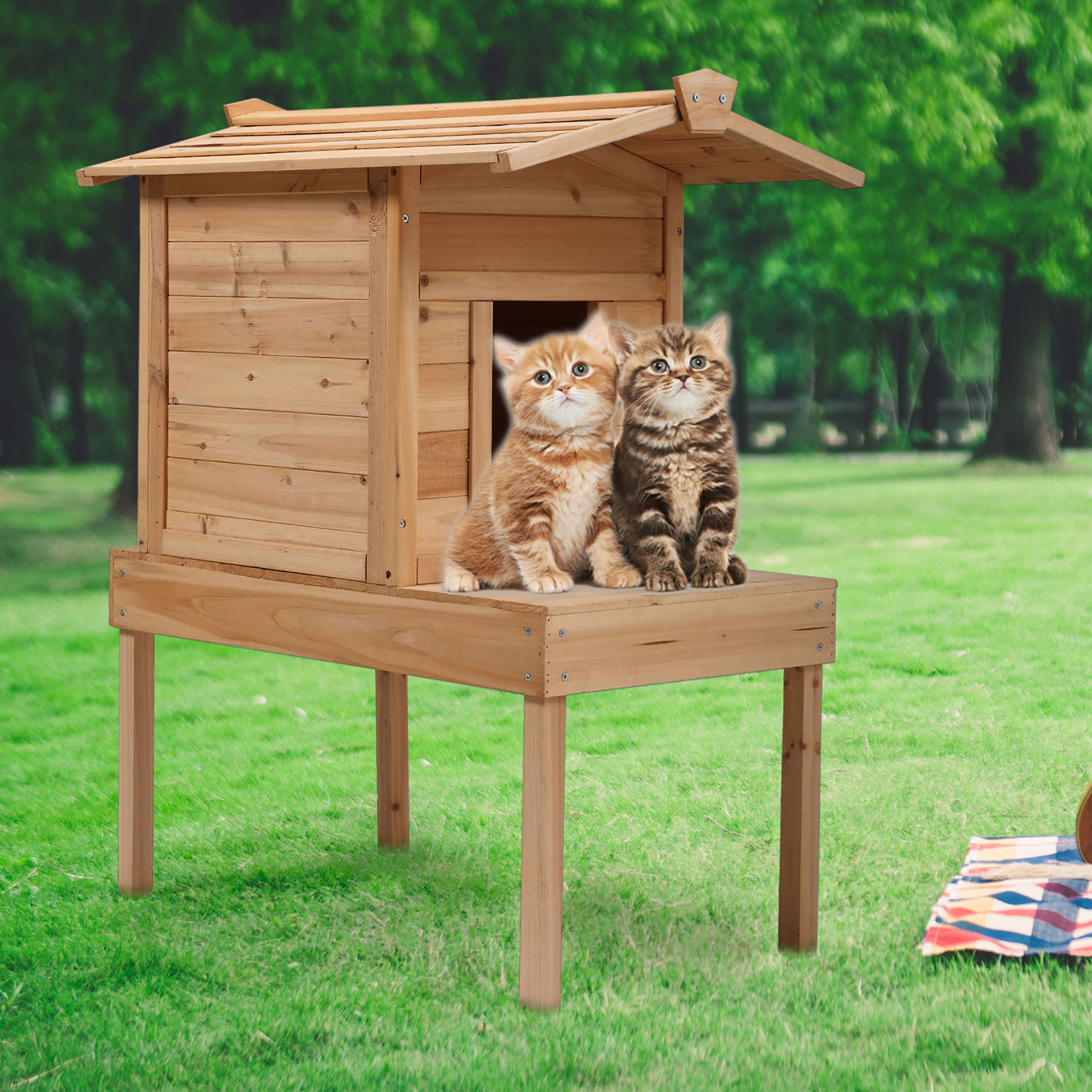 Coziwow Cat  House  with A Platform and An Open Balcony Log Cabin for Small Pets  Natural Wood 
