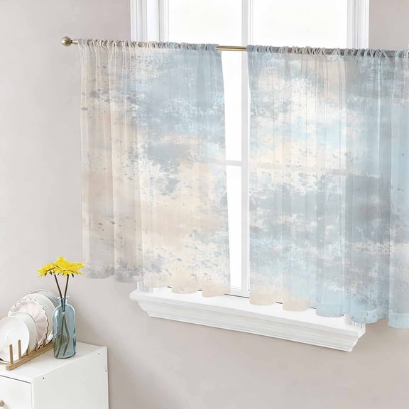 Blue Beige Sheer Curtains 54 Inch Length 2 Panels Set, Modern Watercolor Abstract Art Voile Window Treatment Rod Pocket Short Kitchen Curtains Drapes for Bedroom 52"x54"x2