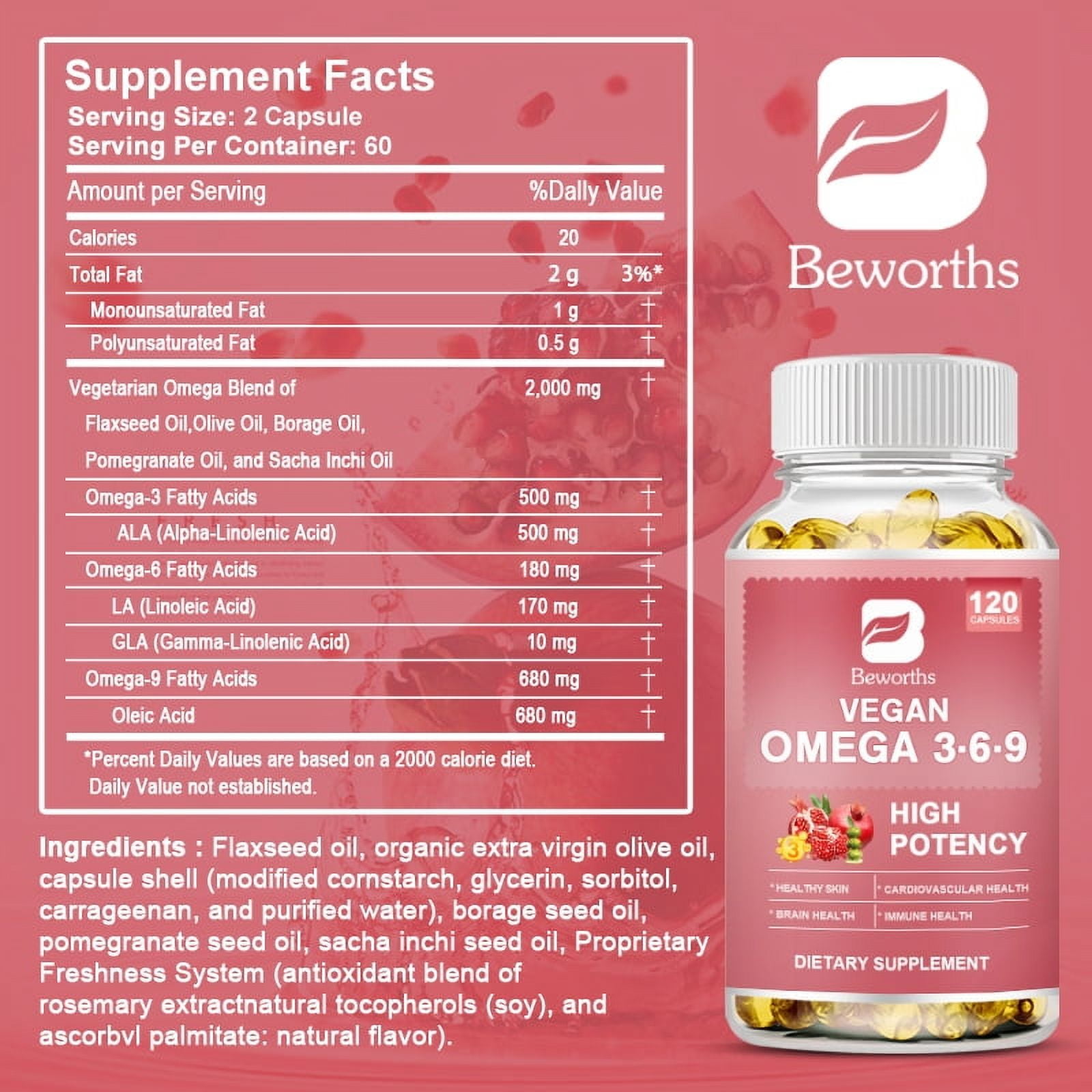 Triple Omega 3 6 9, Flaxseed, Safflower, & Olive Oils, Healthy Heart Support, Fish Free Omega 3 Supplement, 120 Count 2 Pack
