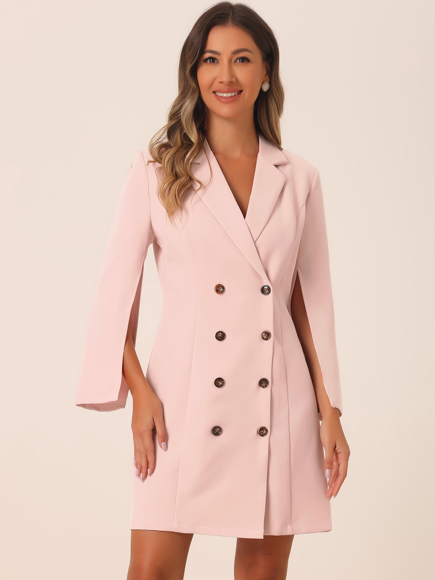 DARING DIVA Elegant Slit Sleeve Button Down Work Belted Blazer Dress S Pink