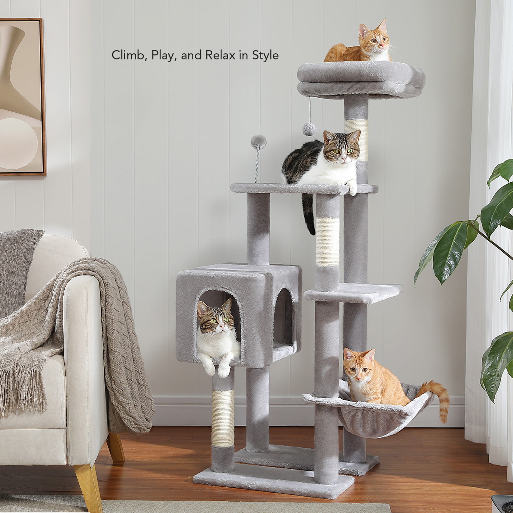 resenkos 50" Cat Tree Tower for Indoor Cats with Hammock, 2 Perches, Scratching Posts, Multi-Level Cat Condo Furniture for Small and Medium Kittens, Gray