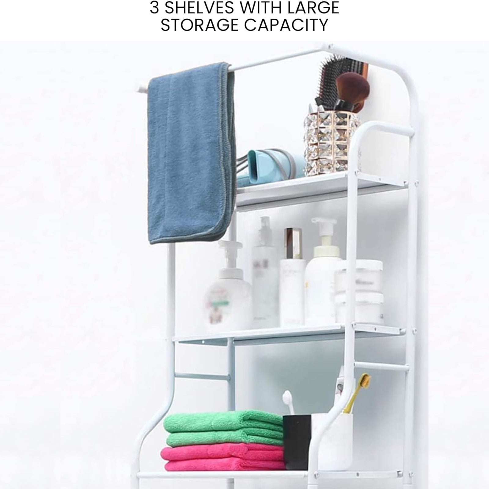 SUSUZI Over the Toilet Storage Rack 3-Tier Bathroom Organizer Shelf Metal Bath Shelves Freestanding Above Toilet Stand for Bathroom Laundry, White