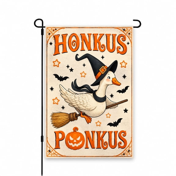 Halloween Garden Flag 12 x 18 Inch - Witchy Goose with Broomstick, Black Hat, and Pumpkin Design in Orange and Black - Outdoor Yard, Lawn, Patio Decor