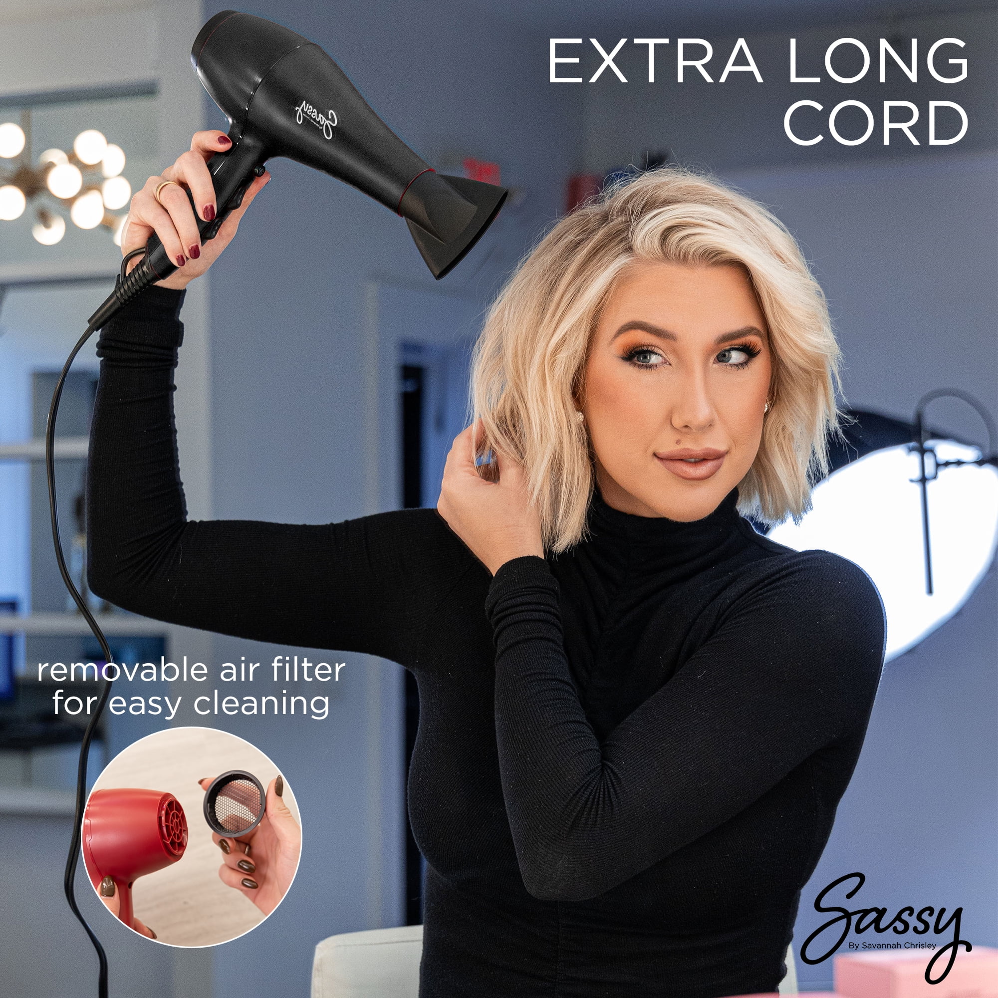 Sassy Ceramic Ion Hair Dryer, 1875-Watt Salon Dryer with Concentrator and Diffuser Black