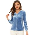 thumbnail image 1 of Blusa de mujer con cuello en V y manga larga de terciopelo con pliegues delanteros y botones Gris azul S, 1 of 5