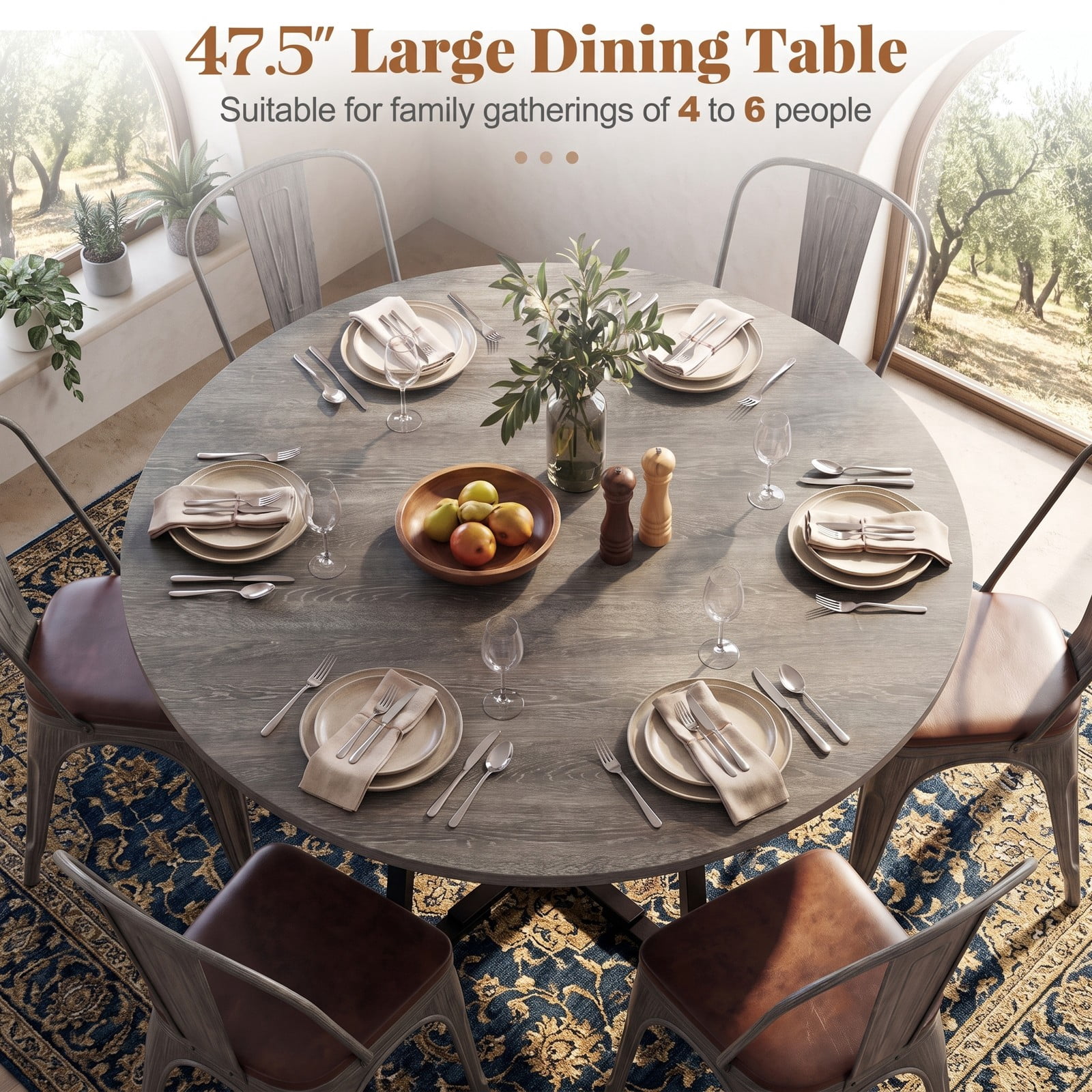 Furnibear 47.5" Round Dining Table for 4-6 with Storage Shelf, Metal Legs and MDF Tabletop, Kitchen Dinette Table with Rubber Wood Crossbars for Home Apartment, Gray