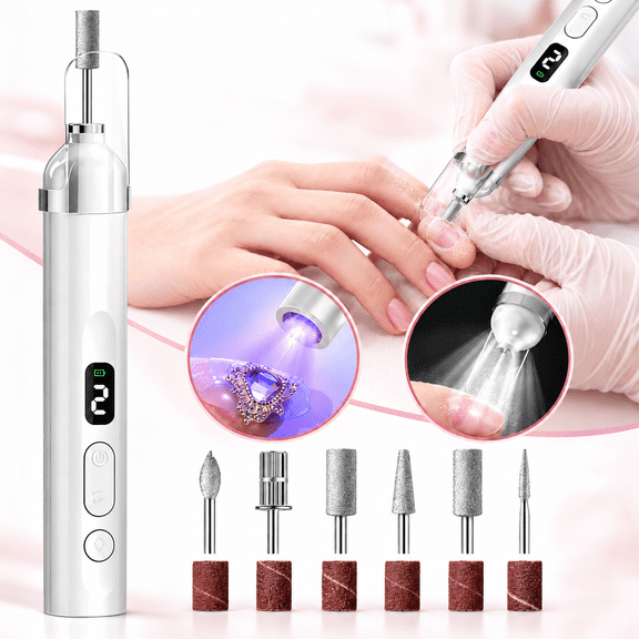 Cordless Electric Nail Drill with UV Lamp LED Light 3 Speeds 13800 RPM USB Rechargeable Nail Grinder Polisher with 5 Grinding Heads For Manicure Pedicure Gel Nails