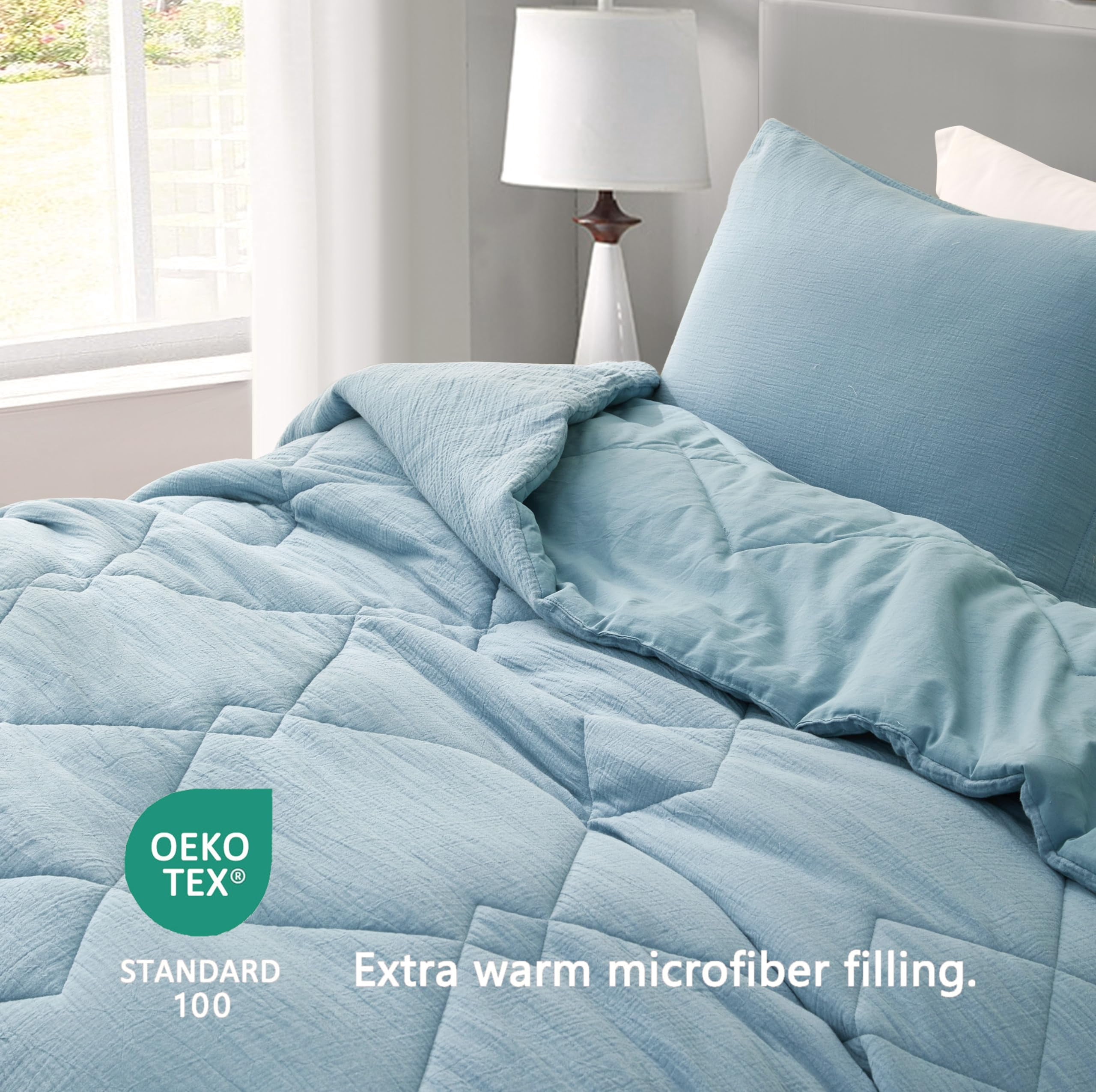 Chezmoi Collection Skye 3-Piece 100% Cotton Muslin Thin Comforter Set Oversized King, Lake Blue Reversible Soft Washed Cotton Gauze Breathable Lightweight Summer Blanket
