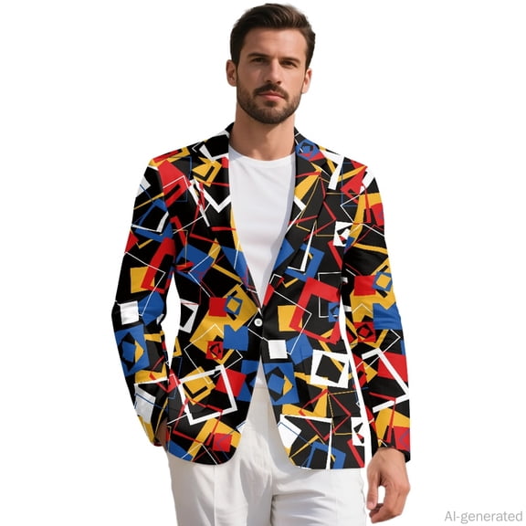 HELLHERO Geometric Mix Design Polyester Men's Suit Jacket with Lightweight, Single- Unlined Long Sleeve Men's Blazer Jacket for Casual