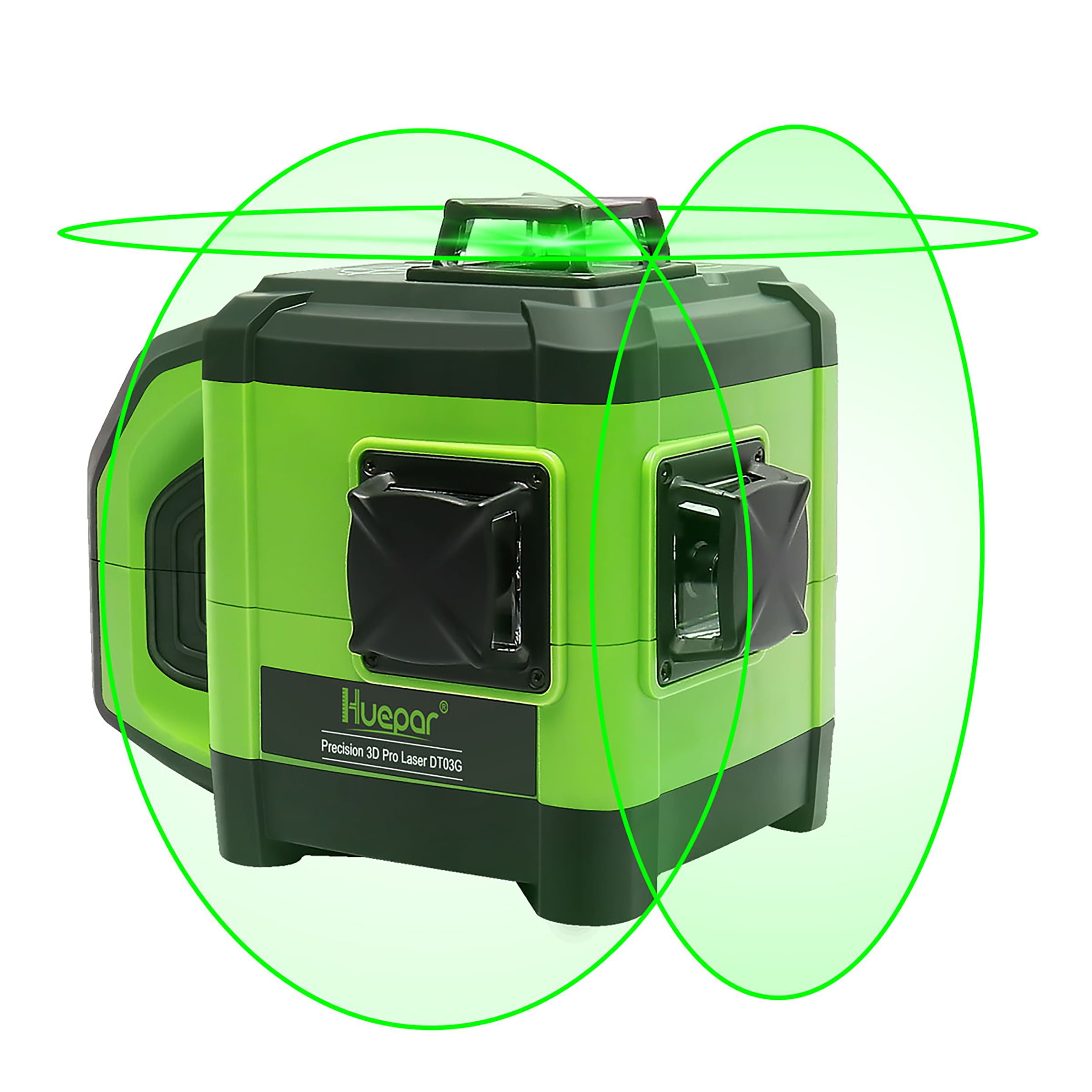 Huepar DT03CG 3D Cross Line Laser Level, Green Beam — 200 ft Range, 3 × 360° Self-Leveling, Includes Laser Receiver, Metal Base, Rechargeable Battery