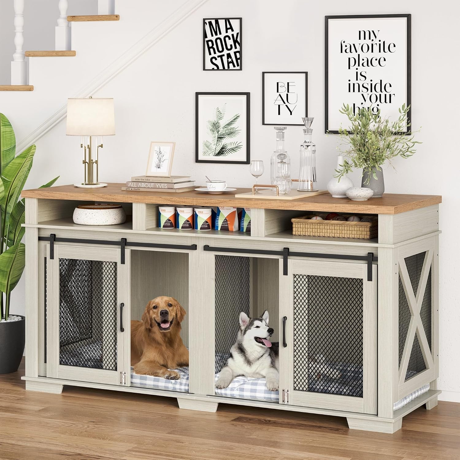 Trilenars 71Inch Extra Large Dog Crate Furniture,3 Storage Wooden Double Dog Crates Kennel Cage,Furniture Style Tv Stand Side End Table for 2 Dogs With Removable Divider for Large Dogs