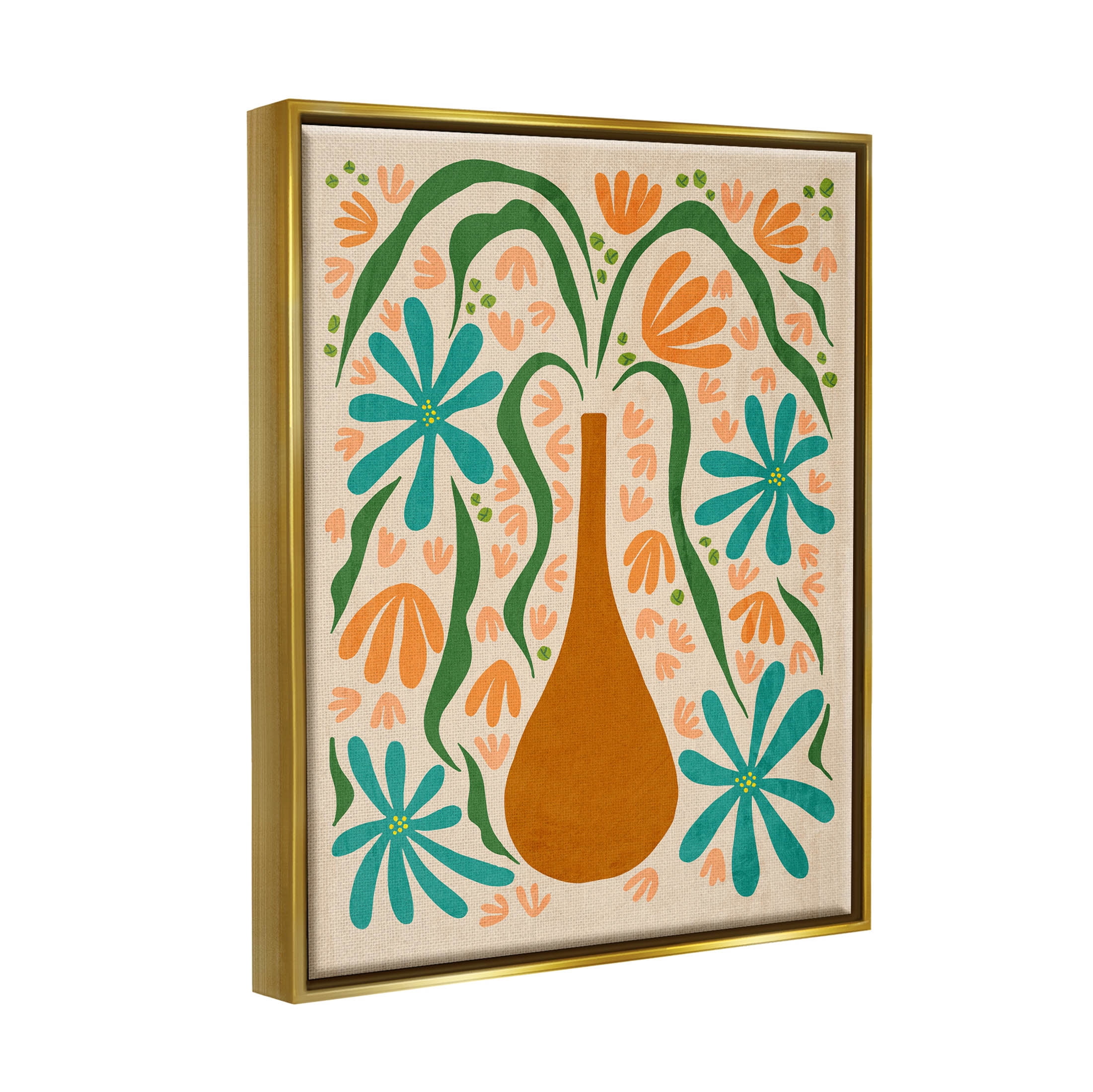 Stupell Industries Retro Floral Shapes Vase Graphic Art Metallic Gold Floating Framed Canvas Print Wall Art, Design by Ziwei Li