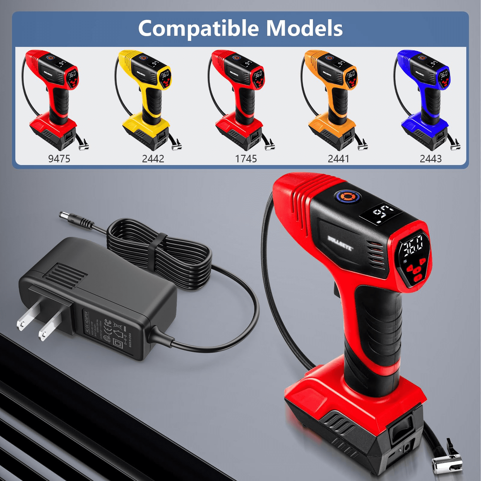 xzyuan 12V Charger for Bullseye Tire Inflator Air Compressor Compatible with EMSON 1745 9475 2441 Bullseye Pro Tire Inflator Portable Air Compressor, Car Tire Inflator Portable 12V AC Charger Adapter