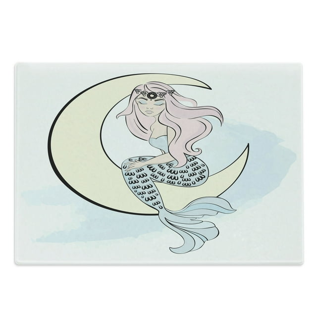 Magic Moon Cutting Board, Doodle of Mermaid Girl Sits on Crescent, Decorative Tempered Glass Cutting and Serving Board, in 3 Sizes, by Ambesonne